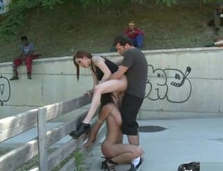 Sir pulverizes domme and gimp outdoor